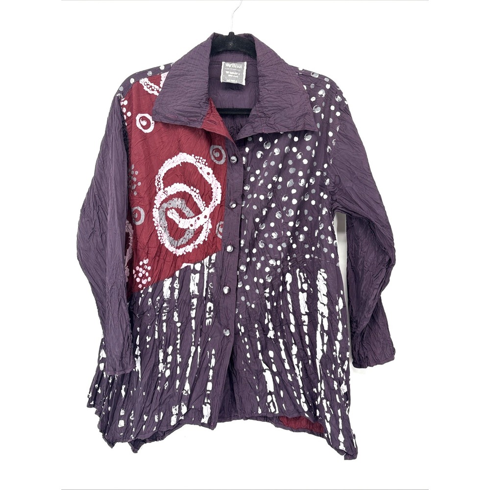 Harubella Crinkle Jacket XL Purple Gray Tunic Top Button Funnel Collar